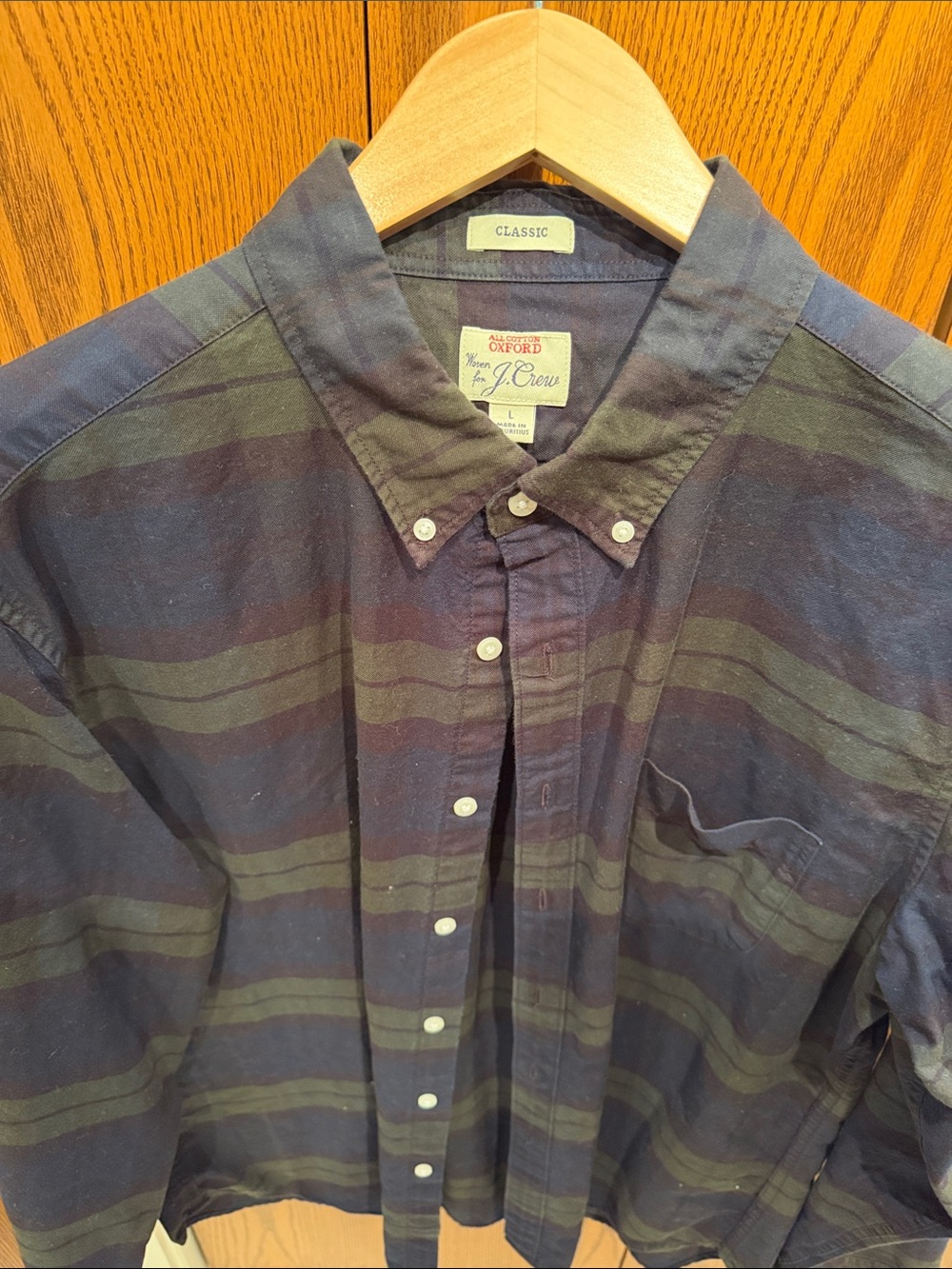 J. Crew Button-Down Oxford Shirt in Navy and Olive Stripe